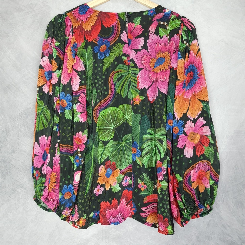 Farm Rio Blouse Womens Medium Black Multicolor Lace Floral Parrot Boho Top - Picture 10 of 16